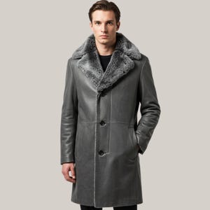Men's Genuine Leather Shearling Coat - Gray Winter Overcoat