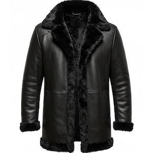Men&#39;s Black Shearling Leather Coat | Real Sheepskin Winter Jacket | Warm Fur Lined Leather Overcoat | Gift for Him