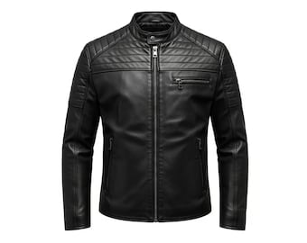 Men’s Black Quilted Leather Jacket – Genuine Leather Biker Jacket with Stand Collar, Modern Motorcycle Style, Winter Streetwear Coat