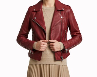 Giacca da motociclista in pelle bordeaux: cappotto da moto slim fit da donna