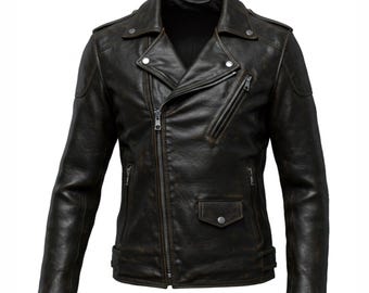 May include: A distressed brown leather jacket with a classic biker style. Features include an asymmetrical zipper closure, multiple zippered pockets, a snap-closure pocket, and a notched lapel collar. The jacket has a worn, vintage appearance.