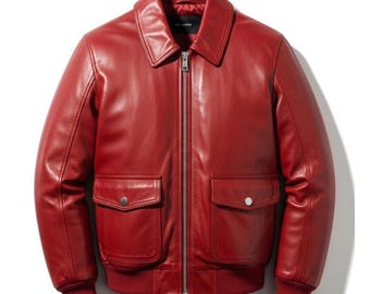May include: A red leather bomber jacket with a collared neckline, a zip-up front, and two front pockets with button closures. The jacket has ribbed cuffs and a ribbed hem. The jacket is a solid red color.