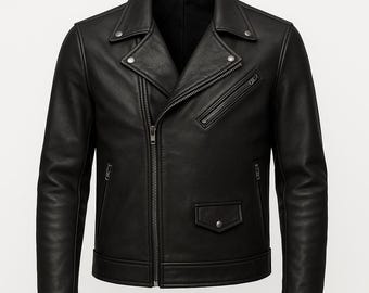 May include: A black leather motorcycle jacket with a zipper closure and multiple pockets.