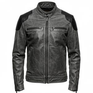 Mens Vintage Black Leather Biker Jacket | Distressed Motorcycle Coat with Shoulder Patches | Rugged Cafe Racer Outerwear