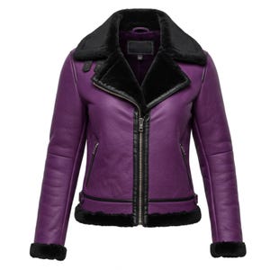 Women&#39;s Purple Shearling Leather Jacket – Genuine Leather Aviator Biker Coat with Black Fur Lining, Winter Warm Motorcycle Jacket.