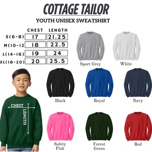 The image is a collage of various youth unisex sweatshirts, each with different colors and sizes, along with a young boy wearing one of the sweatshirts.