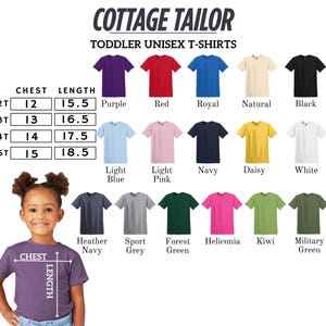 The image is a collage of various toddler unisex t-shirt designs, including different colors and styles, along with a young girl posing in front of the designs.