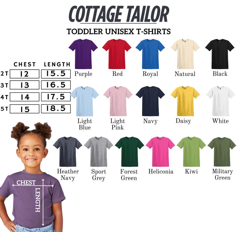 The image is a collage of various toddler unisex t-shirt designs, including different colors and styles, along with a young girl posing in front of the designs.