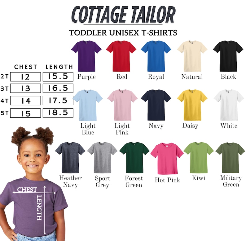 The image is a collage of various toddler unisex t-shirt designs, including different colors and styles, along with a young girl posing in front of the designs.