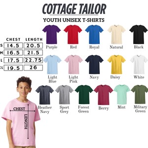 The image is a collage of various unisex youth t-shirt designs, including different colors and styles, along with a young boy wearing a pink t-shirt.