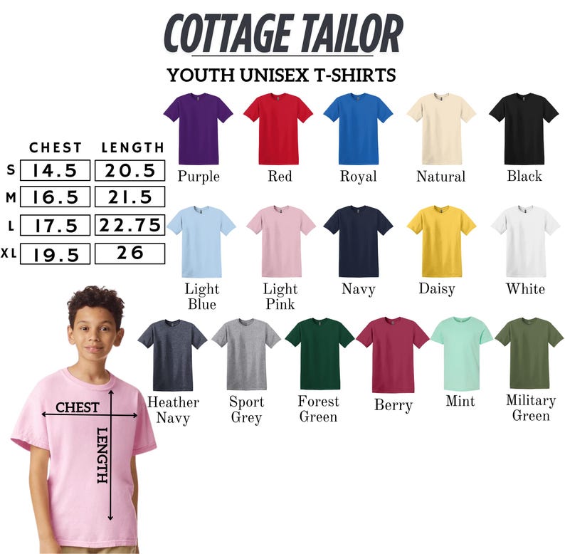 The image is a collage of various unisex youth t-shirt designs, including different colors and styles, along with a young boy wearing a pink t-shirt.