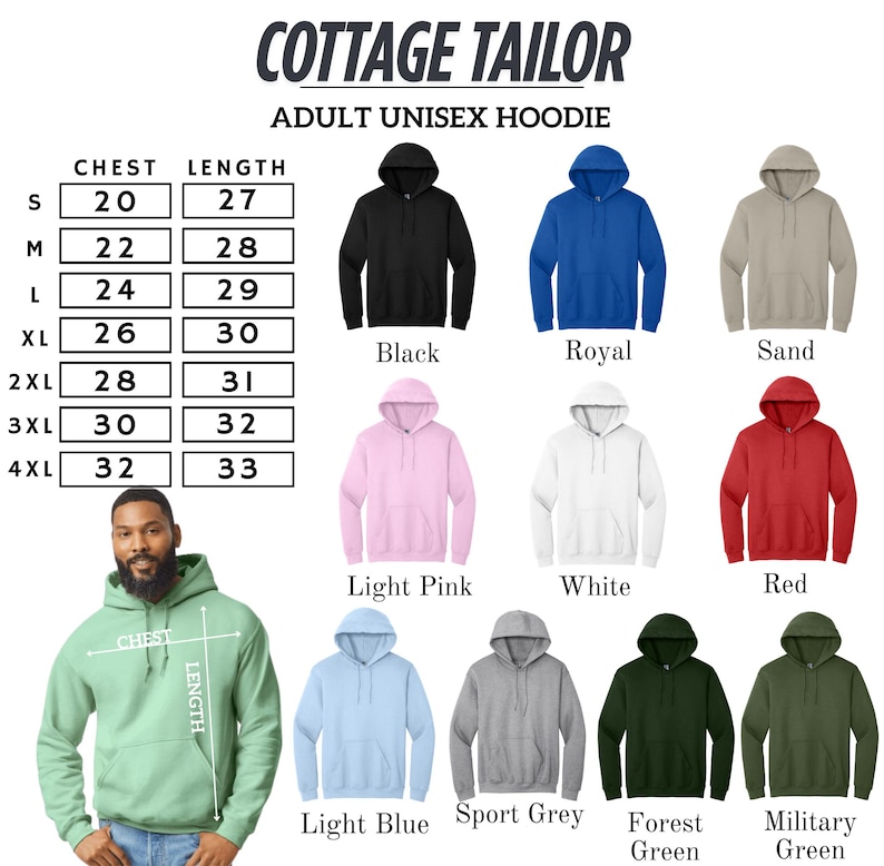 The image is a collage of various adult unisex hoodies in different colors and sizes, along with a man wearing one of the hoodies.