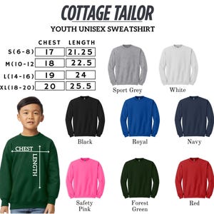 The image is a collage of various youth unisex sweatshirts, each with different colors and sizes, along with a young boy wearing one of the sweatshirts.