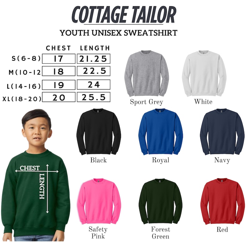 The image is a collage of various youth unisex sweatshirts, each with different colors and sizes, along with a young boy wearing one of the sweatshirts.