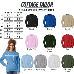 The image is a collage of various adult unisex sweatshirts in different colors and sizes, along with a woman wearing one of the sweatshirts.