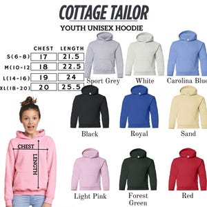 The image is a collage of various youth unisex hoodies in different colors and sizes, along with a young girl posing in front of them.