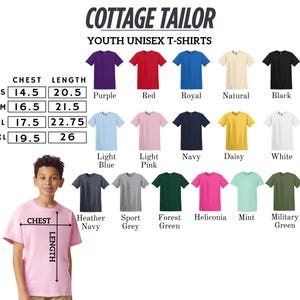 The image is a collage of various unisex youth t-shirt designs, including different colors and styles, along with a young boy wearing a pink t-shirt.
