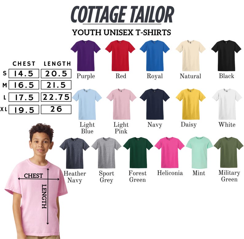 The image is a collage of various unisex youth t-shirt designs, including different colors and styles, along with a young boy wearing a pink t-shirt.