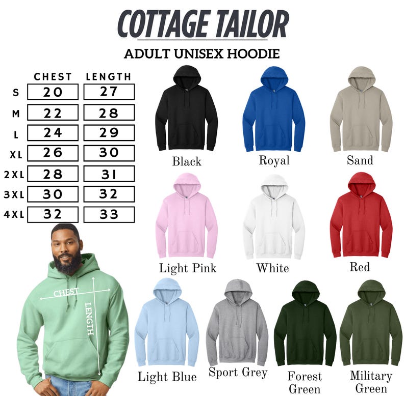 The image is a collage of various adult unisex hoodies in different colors and sizes, along with a man wearing one of the hoodies.