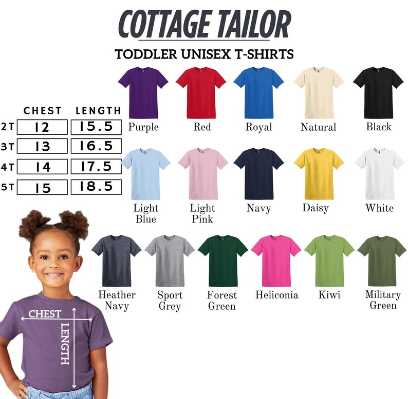 The image is a collage of various toddler unisex t-shirt designs, including different colors and styles, along with a young girl posing in front of the designs.