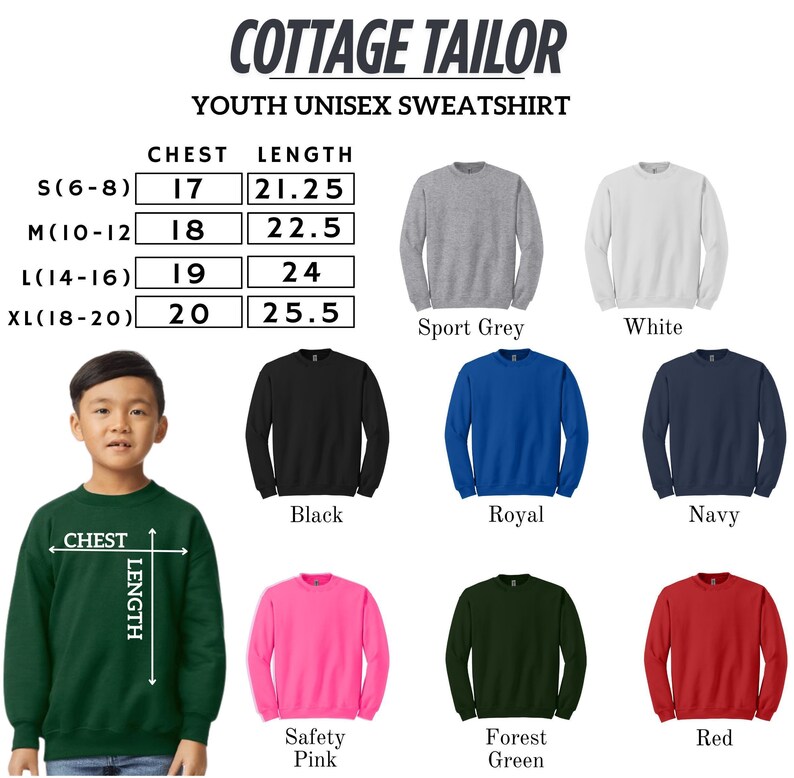 The image is a collage of various youth unisex sweatshirts, each with different colors and sizes, along with a young boy wearing one of the sweatshirts.