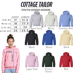 The image is a collage of various youth unisex hoodies in different colors and sizes, along with a young girl posing in front of them.
