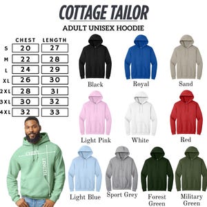 The image is a collage of various adult unisex hoodies in different colors and sizes, along with a man wearing one of the hoodies.