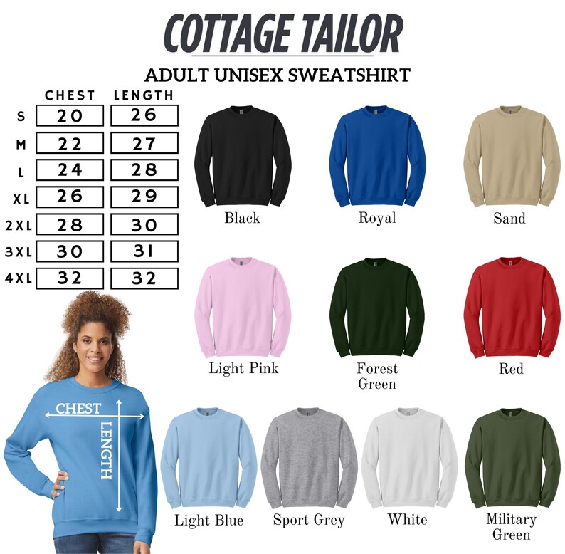 The image is a collage of various adult unisex sweatshirts in different colors and sizes, along with a woman wearing one of the sweatshirts.