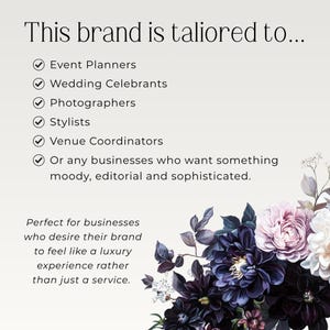 K&ouml;nnte beinhalten: Grafik mit dem Text "This brand is tailored to..." gefolgt von einer Liste von Berufen, darunter Eventplaner und Fotografen. Das Bild zeigt auch ein Blumenarrangement mit dunkelvioletten und rosa Blumen.
