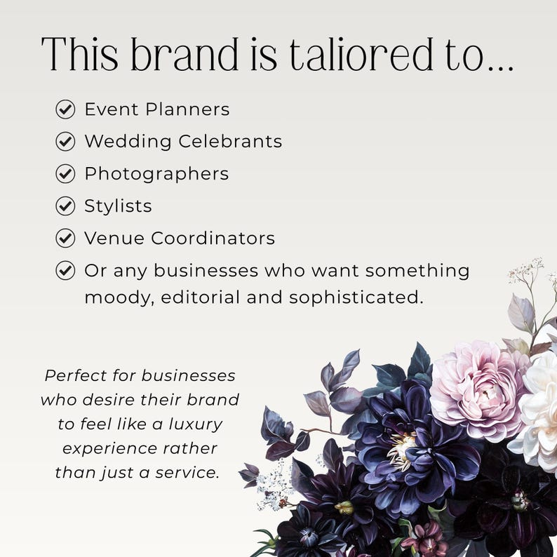 K&ouml;nnte beinhalten: Grafik mit dem Text "This brand is tailored to..." gefolgt von einer Liste von Berufen, darunter Eventplaner und Fotografen. Das Bild zeigt auch ein Blumenarrangement mit dunkelvioletten und rosa Blumen.