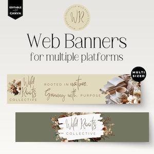 May include: Web banner designs for multiple platforms. The design features the text "Web Banners for multiple platforms" in a stylish font. The banners include the "Wild Roots Collective" logo and floral elements. The banners are multi-sized.