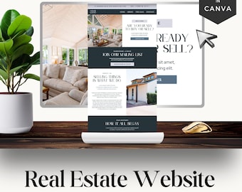 May include: A computer monitor displays a real estate website design. The website features images of homes, text, and a call to action. A potted plant and a gold-colored mouse are on a wooden surface. The text "Real Estate Website" is at the bottom.