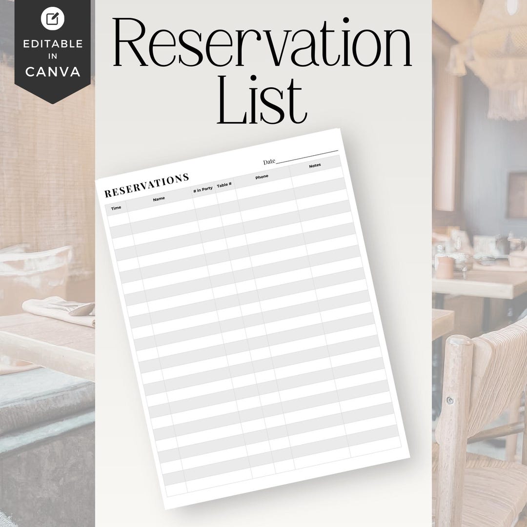 Restaurant Table Reservation Form, Editable Booking Sheet, Guest Wait ...