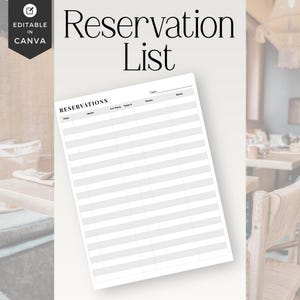 Könnte beinhalten: Eine weiße und graue Reservierungsliste mit dem Text "Reservation List" oben. Die Liste enthält Spalten für Zeit, Name, Gruppengröße, Tischnummer, Telefon und Notizen. In der oberen linken Ecke befindet sich eine Grafik mit der Aufschrift "Editable in Canva".