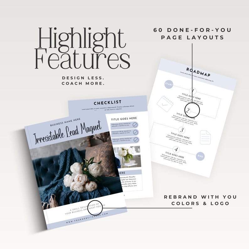 K&ouml;nnte beinhalten: Werbebild mit einem Buch mit dem Titel "Irresistable Lead Magnet" mit blauem Einband und zwei weiteren Seiten. Das Bild enth&auml;lt den Text "Highlight Features", "Design Less. Coach More." und "Rebrand with You Colors & Logo."