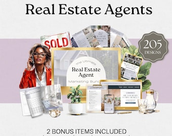 Paquete para agentes inmobiliarios: plantillas inmobiliarias, kit de marketing, guía del comprador, publicaciones en redes sociales, kit de marca y diseños editables para agentes inmobiliarios - RE001