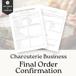 May include: Two white paper forms with black text, labeled "Final Order Confirmation" for a charcuterie business. The forms include sections for customer information, order details, add-ons, dietary needs, and final price. The text "Editable in Canva" is in the top left corner.