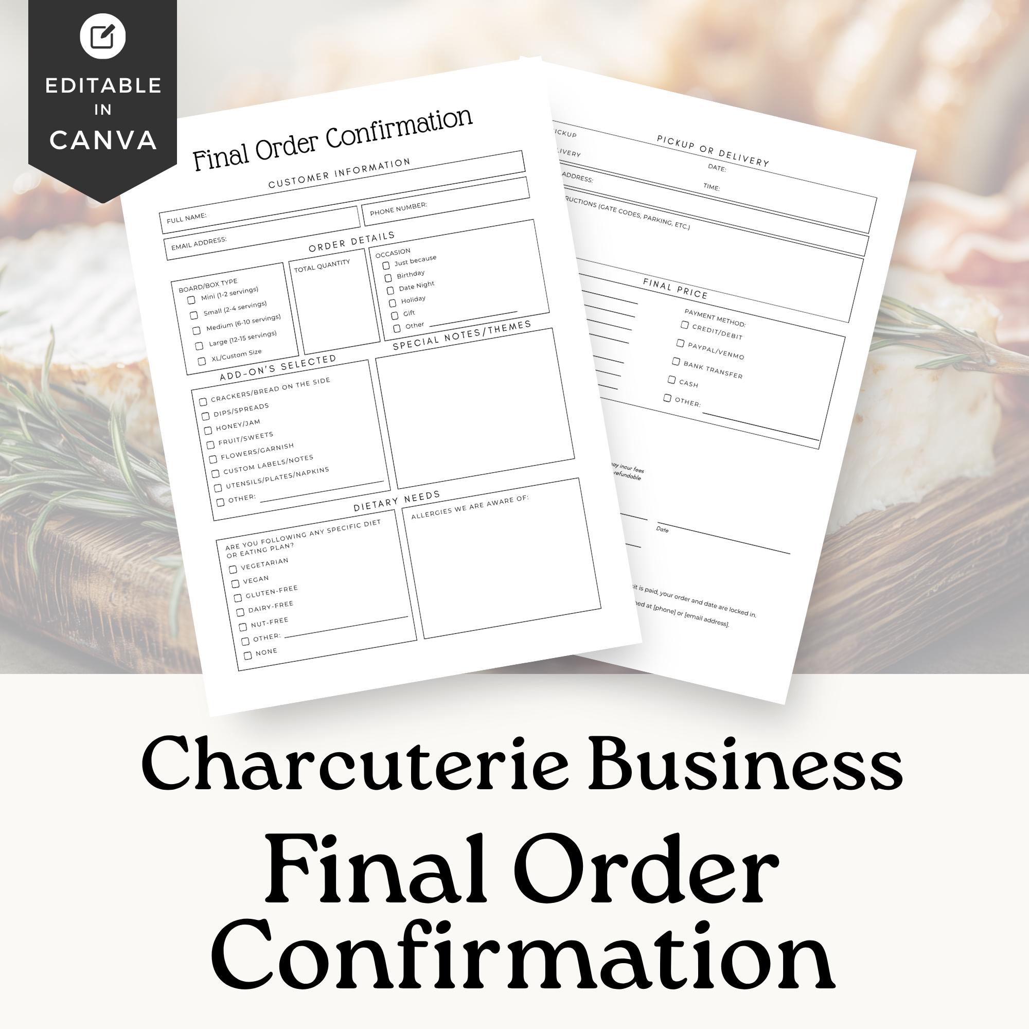 Customizable Confirmation Forms Charcuterie Business Order Confirmation, Customizable Form Templates ...