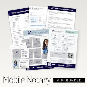 Puede incluir: Una colección de documentos impresos para servicios de notaría móvil. Incluye un menú de servicios, una factura, una lista de verificación de citas y un acuerdo de servicio. Los documentos presentan un logotipo y el nombre "Juliette Hall."