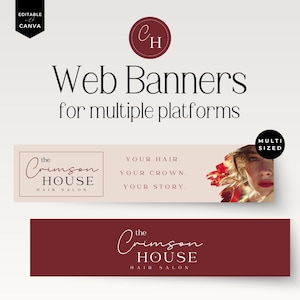 Könnte beinhalten: Web-Banner-Vorlagen für mehrere Plattformen. Das Design zeigt den Text "Web Banners for multiple platforms" in einer großen, eleganten Schriftart. Das Logo des Crimson House Hair Salon wird auf den Bannern zusammen mit dem Text "Your Hair. Your Crown. Your Story." angezeigt.