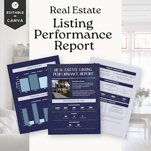 Puede incluir: Varios informes de rendimiento de listados de bienes raíces. Los informes tienen un esquema de color azul marino y blanco con gráficos. El texto "Real Estate Listing Performance Report" es visible.