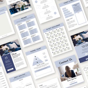 K&ouml;nnte beinhalten: Eine Sammlung hellblauer und wei&szlig;er Gesch&auml;ftsvorlagen, darunter eine Kopfzeile, ein Trichterdiagramm, eine SWOT-Analyse und ein 30-Tage-Challenge-Layout. Die Vorlagen verf&uuml;gen &uuml;ber Textfelder und grafische Elemente zur Anpassung. Einige Vorlagen haben den Text "Welcome" und "Contact Us".