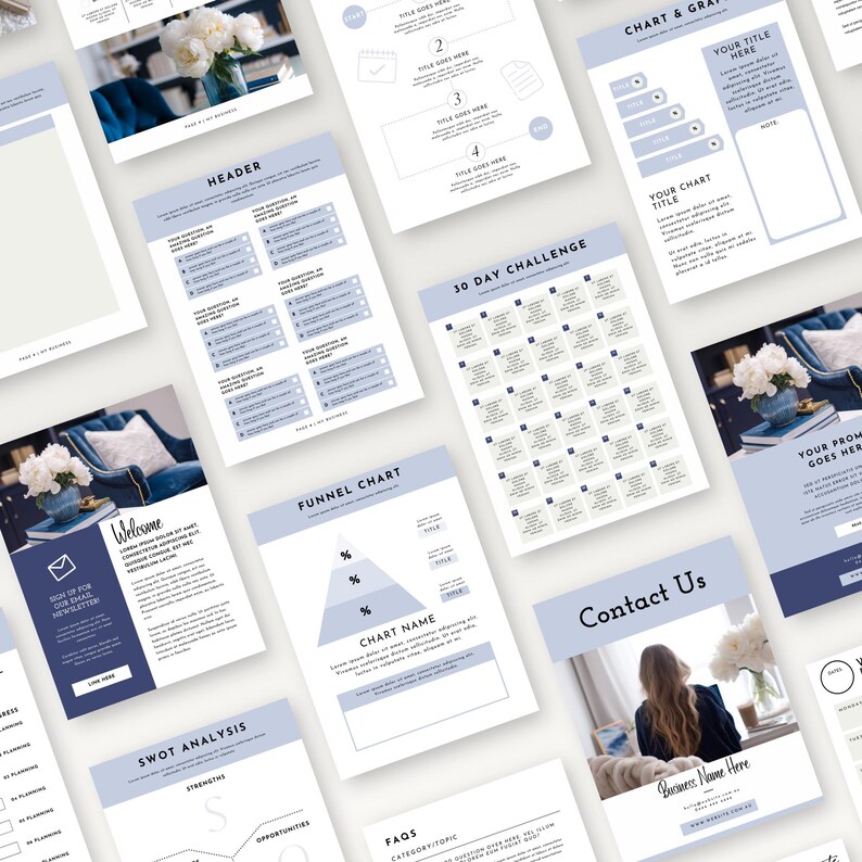 K&ouml;nnte beinhalten: Eine Sammlung hellblauer und wei&szlig;er Gesch&auml;ftsvorlagen, darunter eine Kopfzeile, ein Trichterdiagramm, eine SWOT-Analyse und ein 30-Tage-Challenge-Layout. Die Vorlagen verf&uuml;gen &uuml;ber Textfelder und grafische Elemente zur Anpassung. Einige Vorlagen haben den Text "Welcome" und "Contact Us".