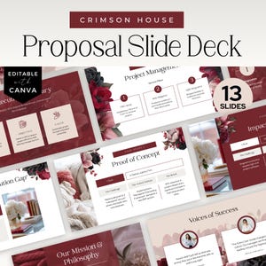 Könnte beinhalten: Ein Präsentationsdeck mit einem bordeauxroten und cremefarbenen Thema. Das Deck enthält 13 Folien mit Text und Grafiken. Die Wörter "CRIMSON HOUSE" und "Proposal Slide Deck" sind prominent dargestellt.