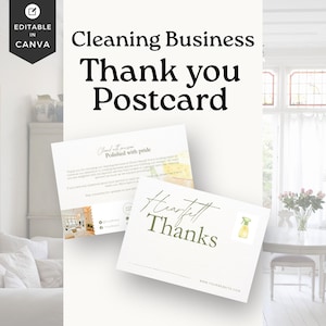 May include: A white postcard design for a cleaning business, featuring the text "Cleaning Business Thank you Postcard." The design includes the words "Heartfelt Thanks" and a graphic of a spray bottle. The postcard is editable in Canva.