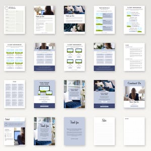 K&ouml;nnte beinhalten: Eine Sammlung digitaler Vorlagen mit einem minimalistischen Design. Die Vorlagen umfassen einen Wochenplaner, Testimonials, Kundenressourcen und Kontaktformulare. Das Farbschema ist haupts&auml;chlich Wei&szlig; und Blau.