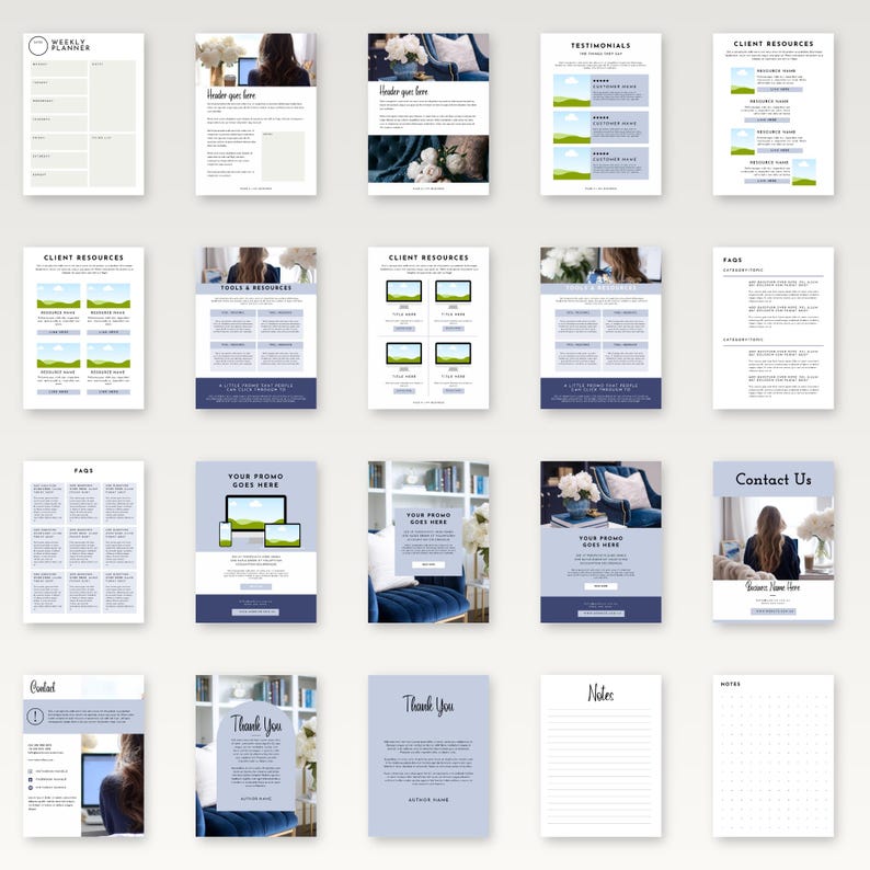 K&ouml;nnte beinhalten: Eine Sammlung digitaler Vorlagen mit einem minimalistischen Design. Die Vorlagen umfassen einen Wochenplaner, Testimonials, Kundenressourcen und Kontaktformulare. Das Farbschema ist haupts&auml;chlich Wei&szlig; und Blau.