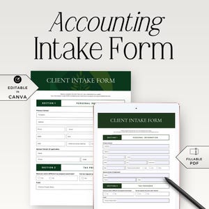 Puede incluir: Un diseño de formulario de admisión contable con el texto "Accounting Intake Form" en la parte superior. El diseño incluye un formulario impreso y una versión para tableta digital, ambos con el texto "Client Intake Form". Editable en Canva y rellenable en PDF.