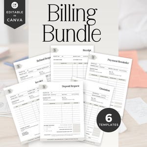 Może przedstawiać: Zestaw sześciu drukowanych szablonów do fakturowania biznesowego, w tym faktury i rachunki. Szablony są czarno-białe i zawierają tekst "Billing Bundle", "Editable in Canva" i "6 Templates".