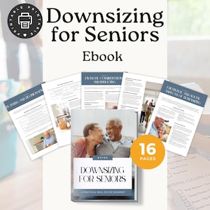May include: An ebook titled "Downsizing for Seniors" with a cover photo of an elderly couple. The cover also includes the text "Guide" and "A Practical Real Estate Roadmap." The image shows several open pages and a "16 Pages" sticker.